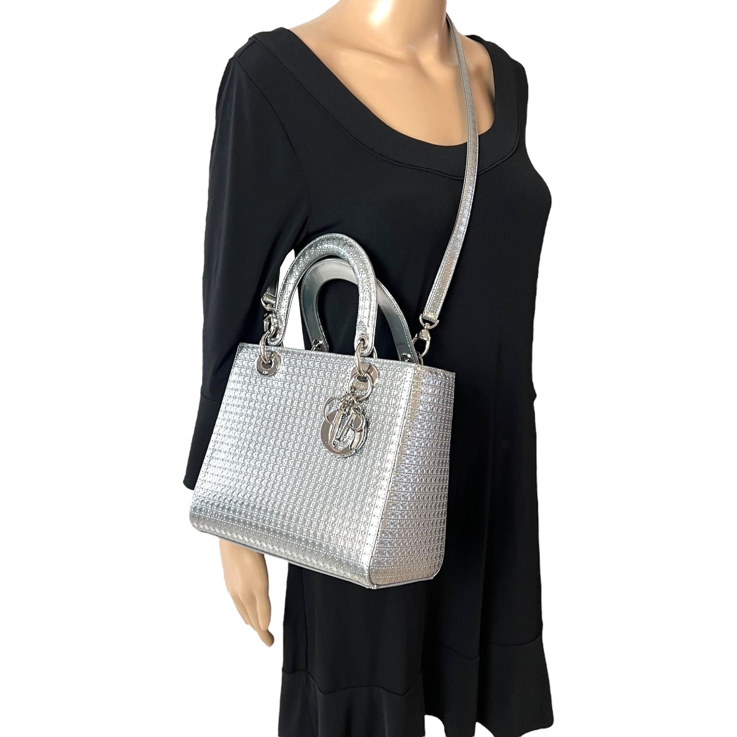 Dior Lady Dior Silver Patent Leather Two-Way Bag