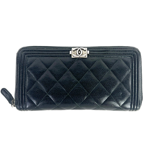 Chanel CC Boy Caviar Leather Zip Around Wallet
