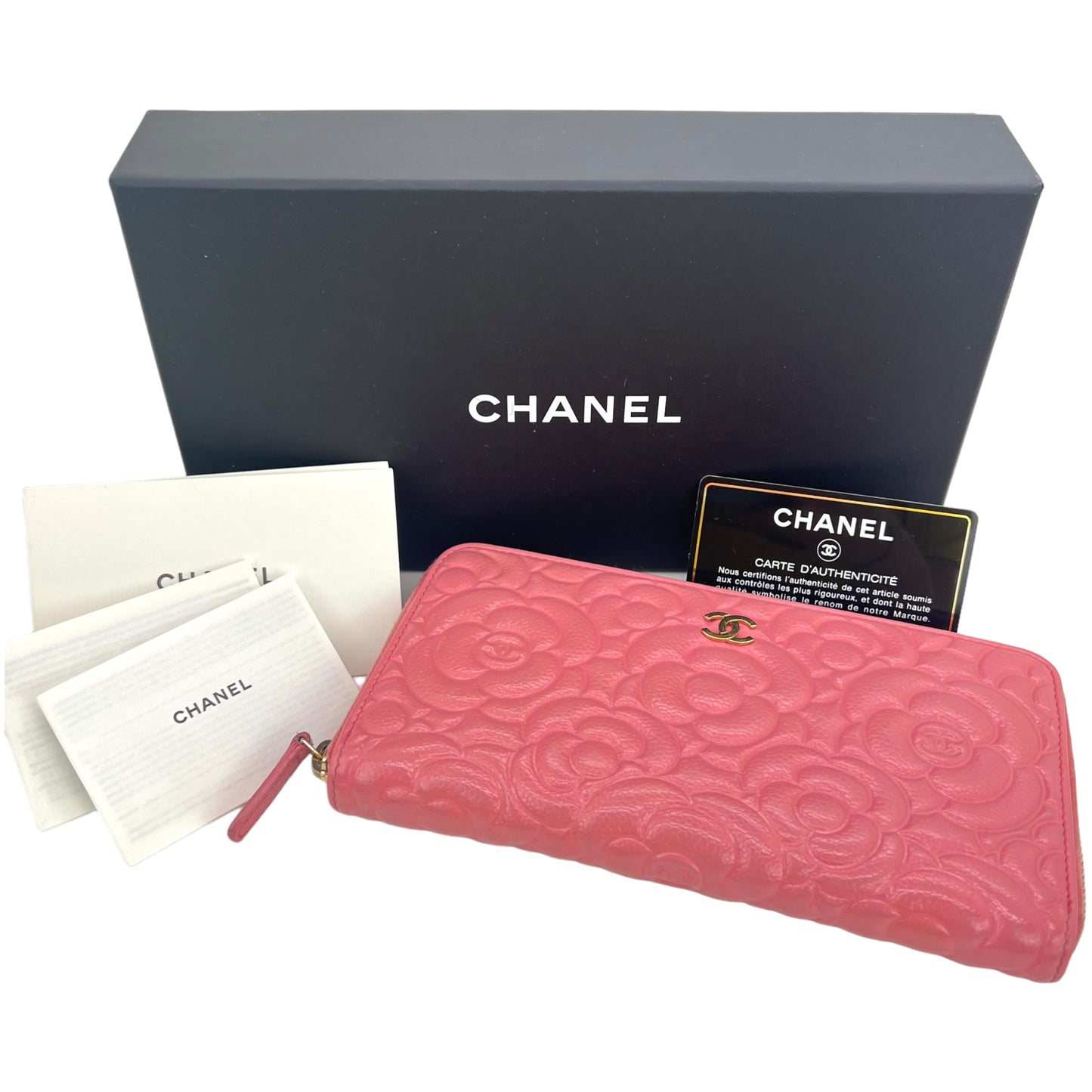 Chanel Camellia Caviar Leather Zip Around Wallet