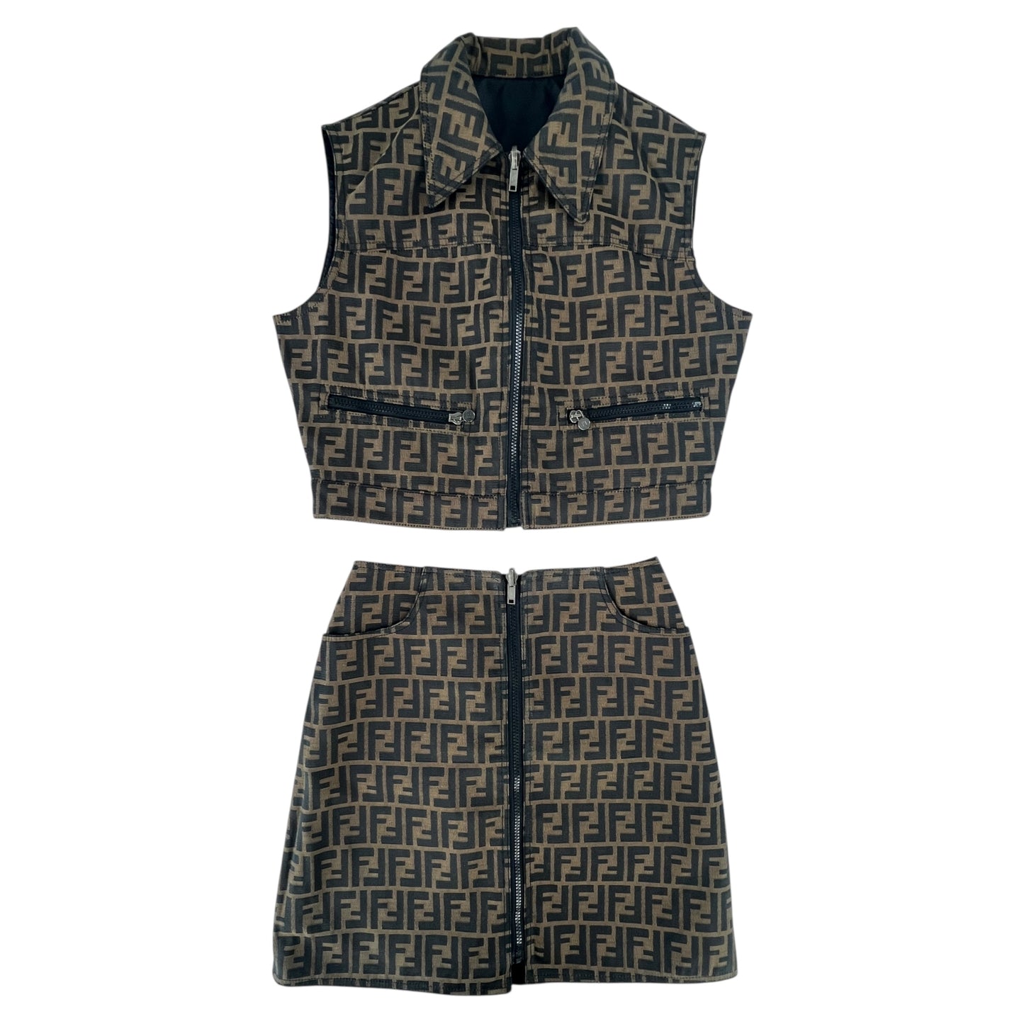 Fendi Vintage Zucca Reversible Vest and Skirt Set