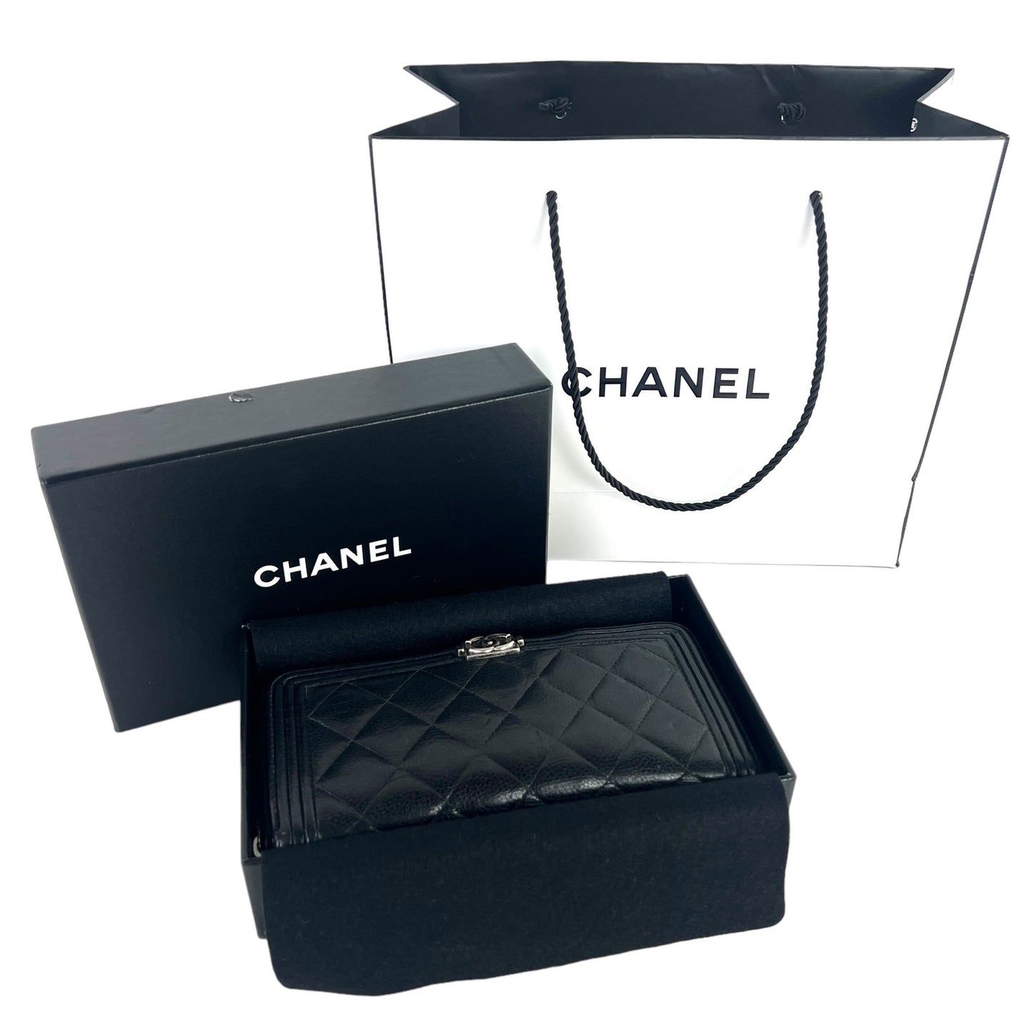 Chanel CC Boy Caviar Leather Zip Around Wallet