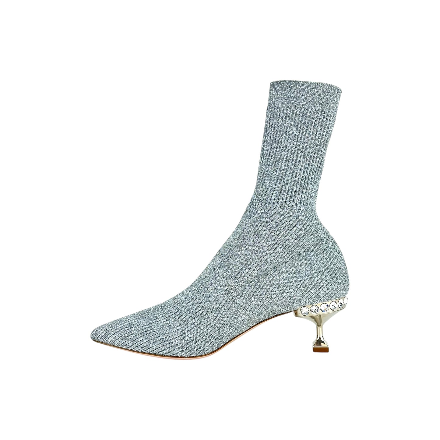 Miu Miu Silver Rhinestone Sock Heeled Boots