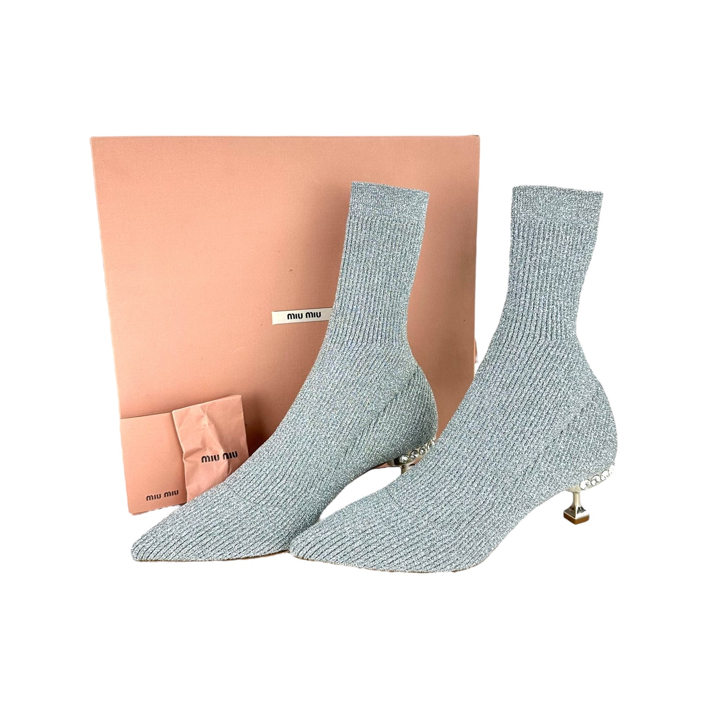 Miu Miu Silver Rhinestone Sock Heeled Boots