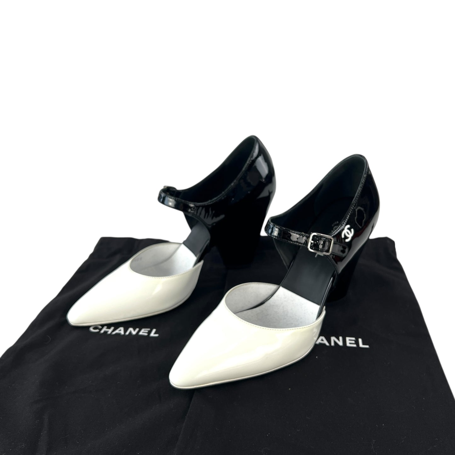 Chanel CC Black & White Patent Leather Pumps