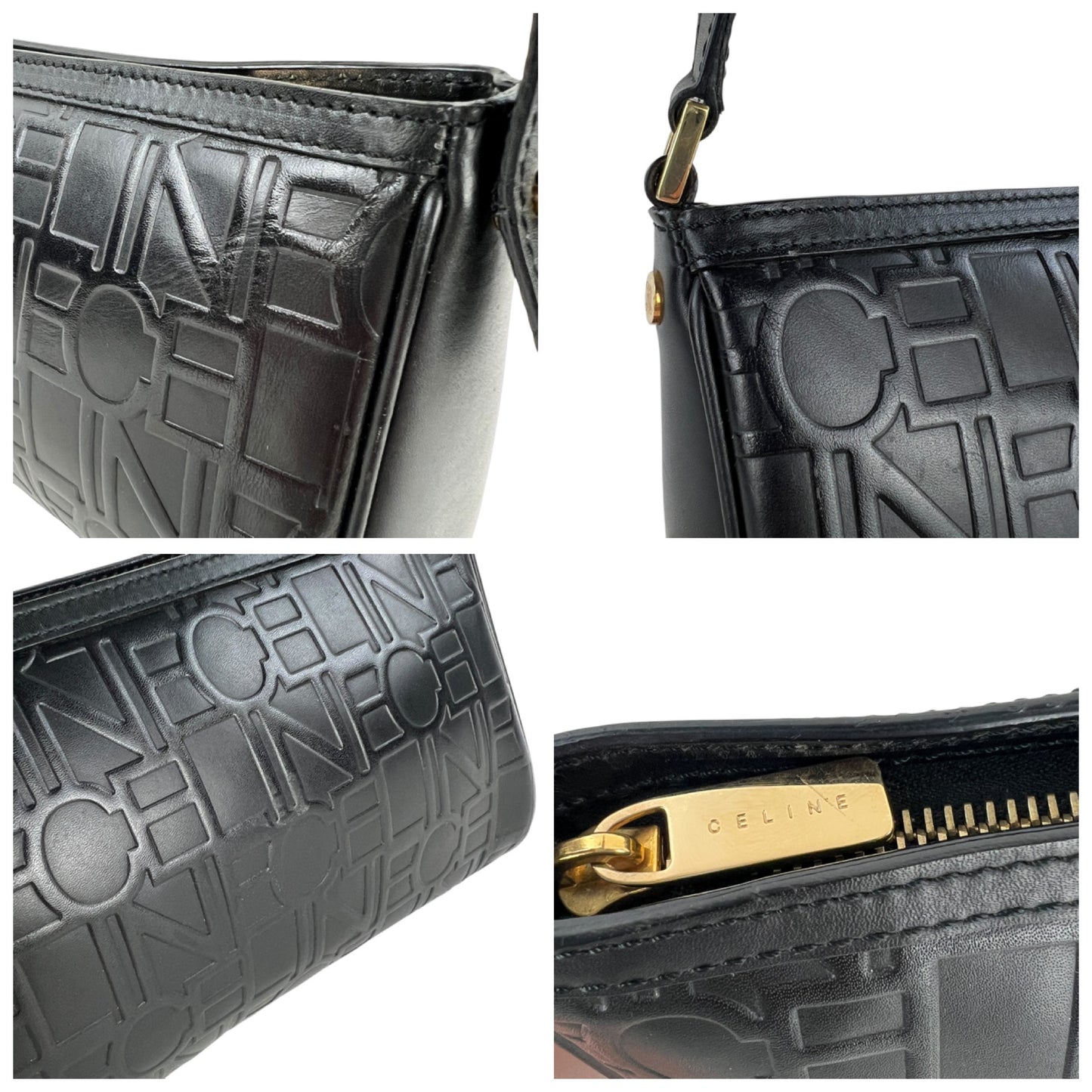 Celine Vintage Logo Embossed Leather Shoulder Bag