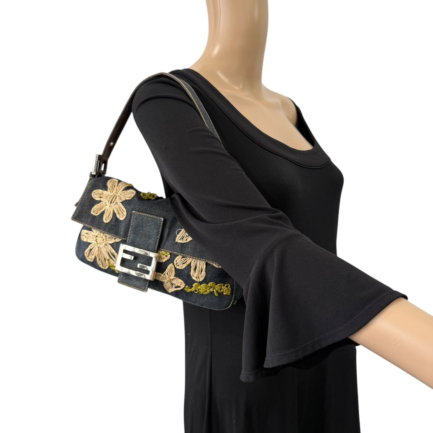 Fendi Embroidered Flowers Denim Baguette Shoulder Bag