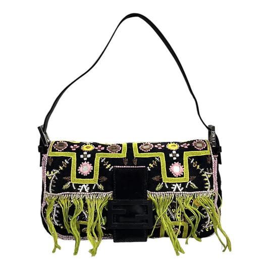 Fendi Beaded Embroidered Fringe Baguette Hand Bag