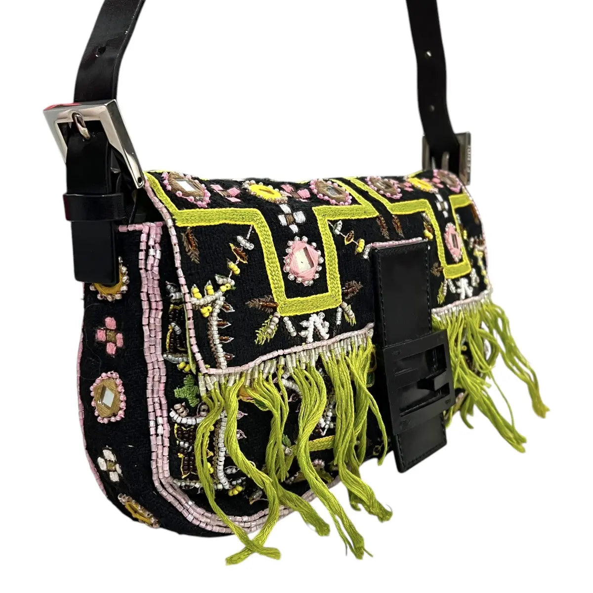 Fendi Beaded Embroidered Fringe Baguette Hand Bag