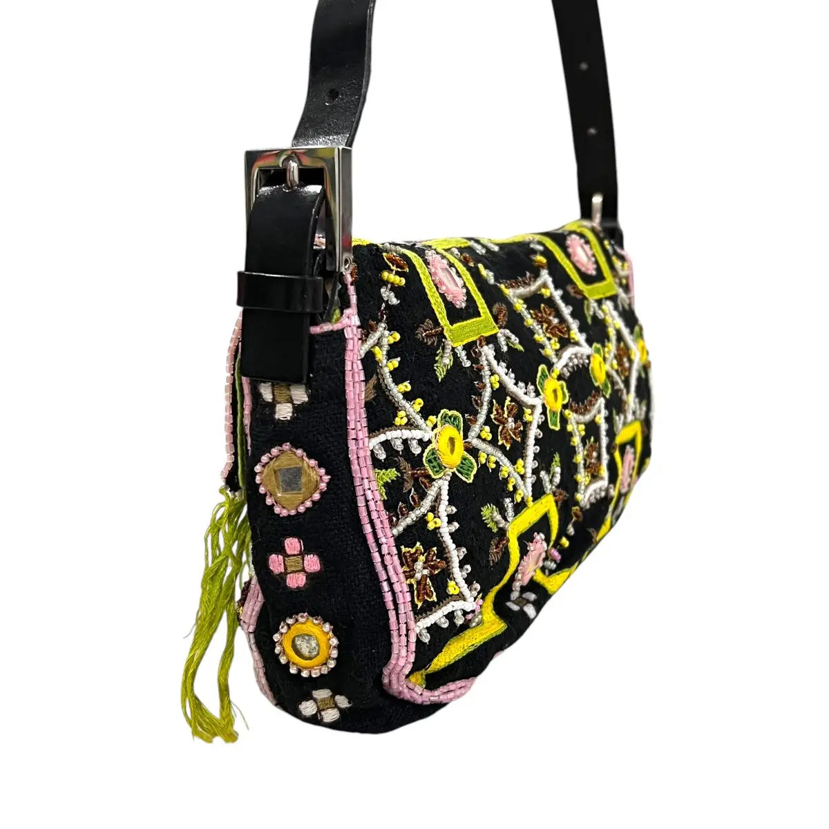 Fendi Beaded Embroidered Fringe Baguette Hand Bag