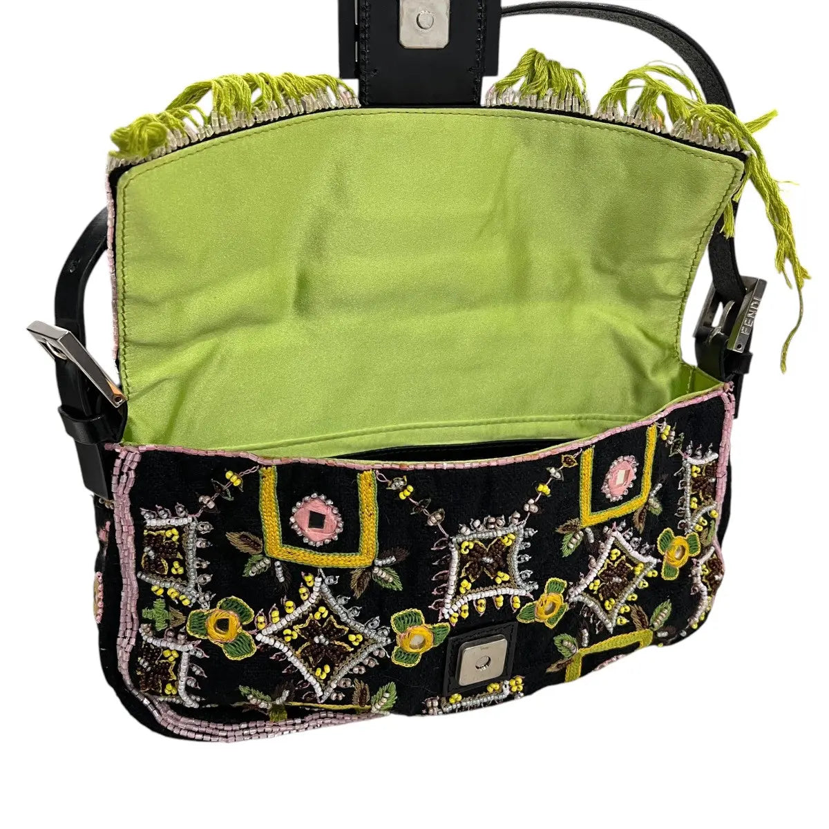 Fendi Beaded Embroidered Fringe Baguette Hand Bag