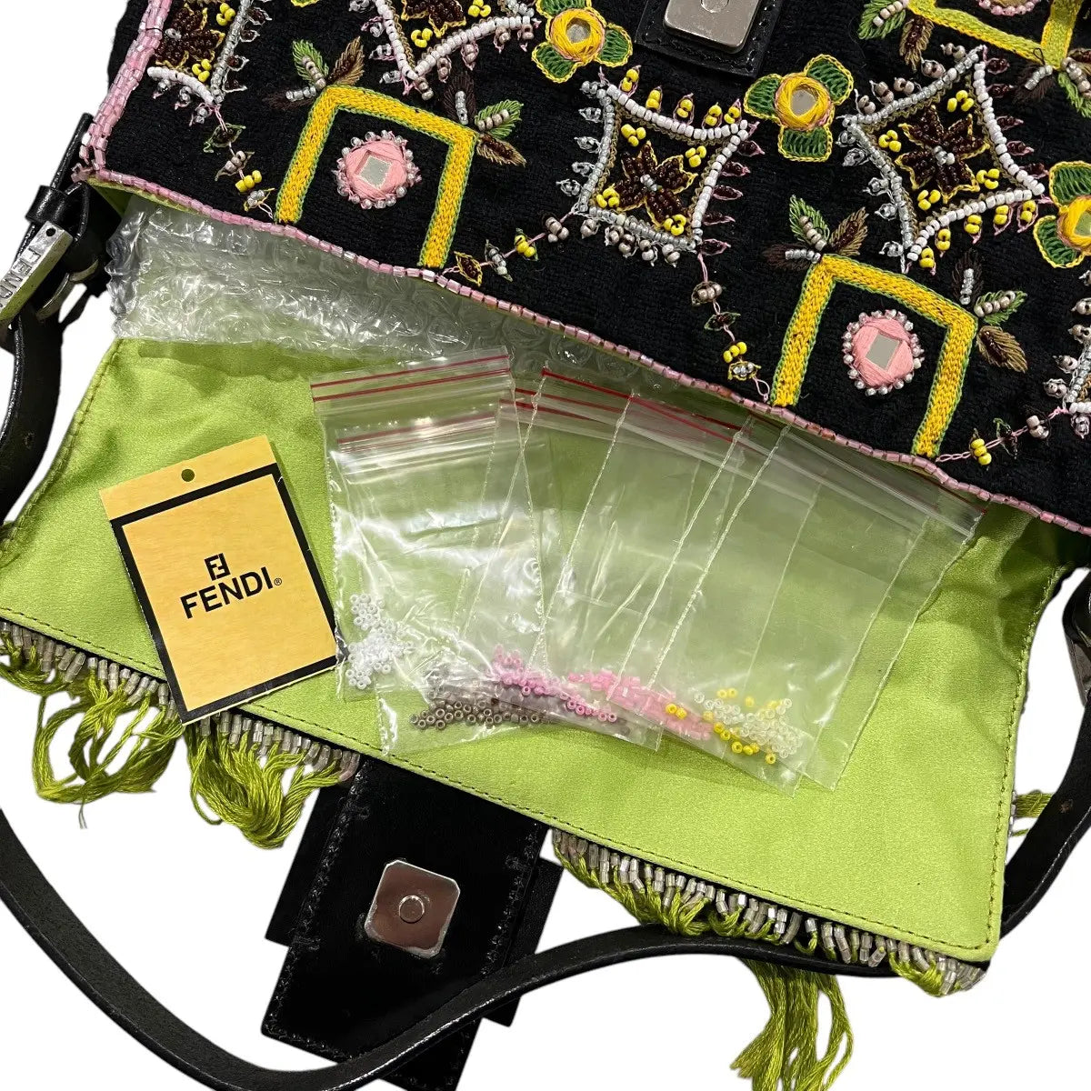 Fendi Beaded Embroidered Fringe Baguette Hand Bag