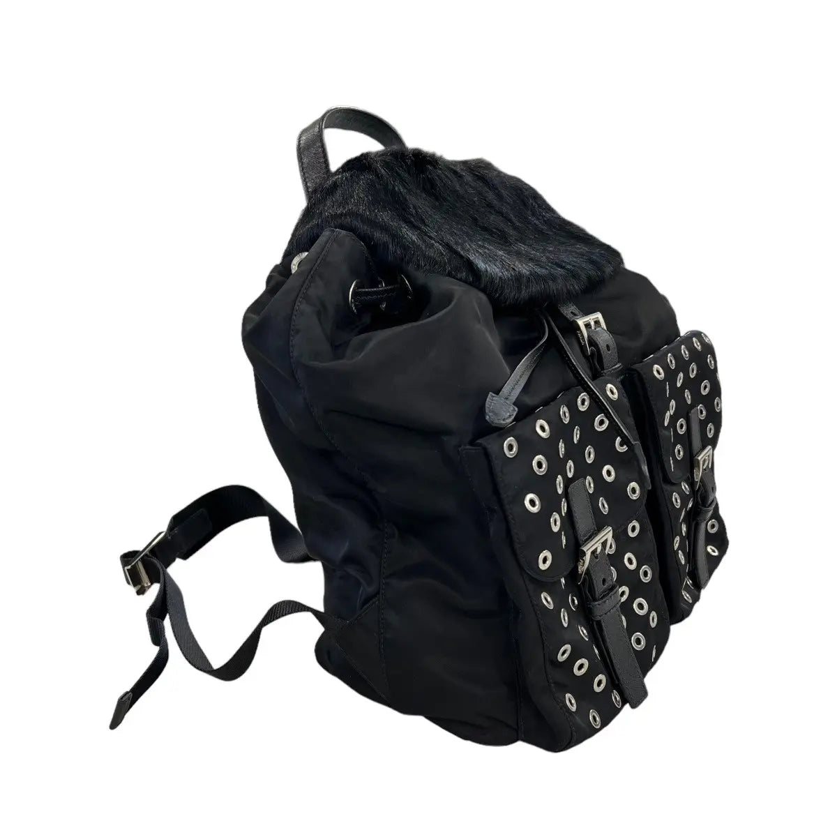 Prada Studded Tessuto Fur Backpack