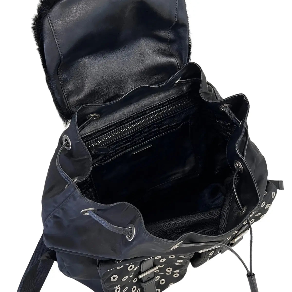 Prada Studded Tessuto Fur Backpack