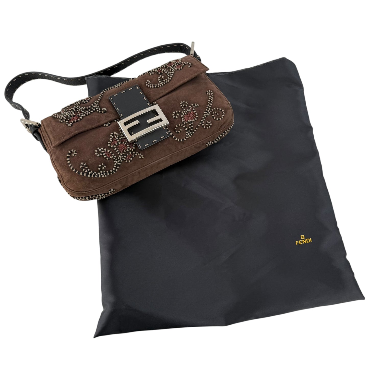 Fendi Embroidered Suede Baguette Shoulder Bag