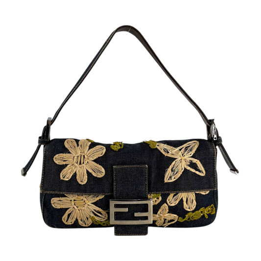 Fendi Embroidered Flowers Denim Baguette Shoulder Bag