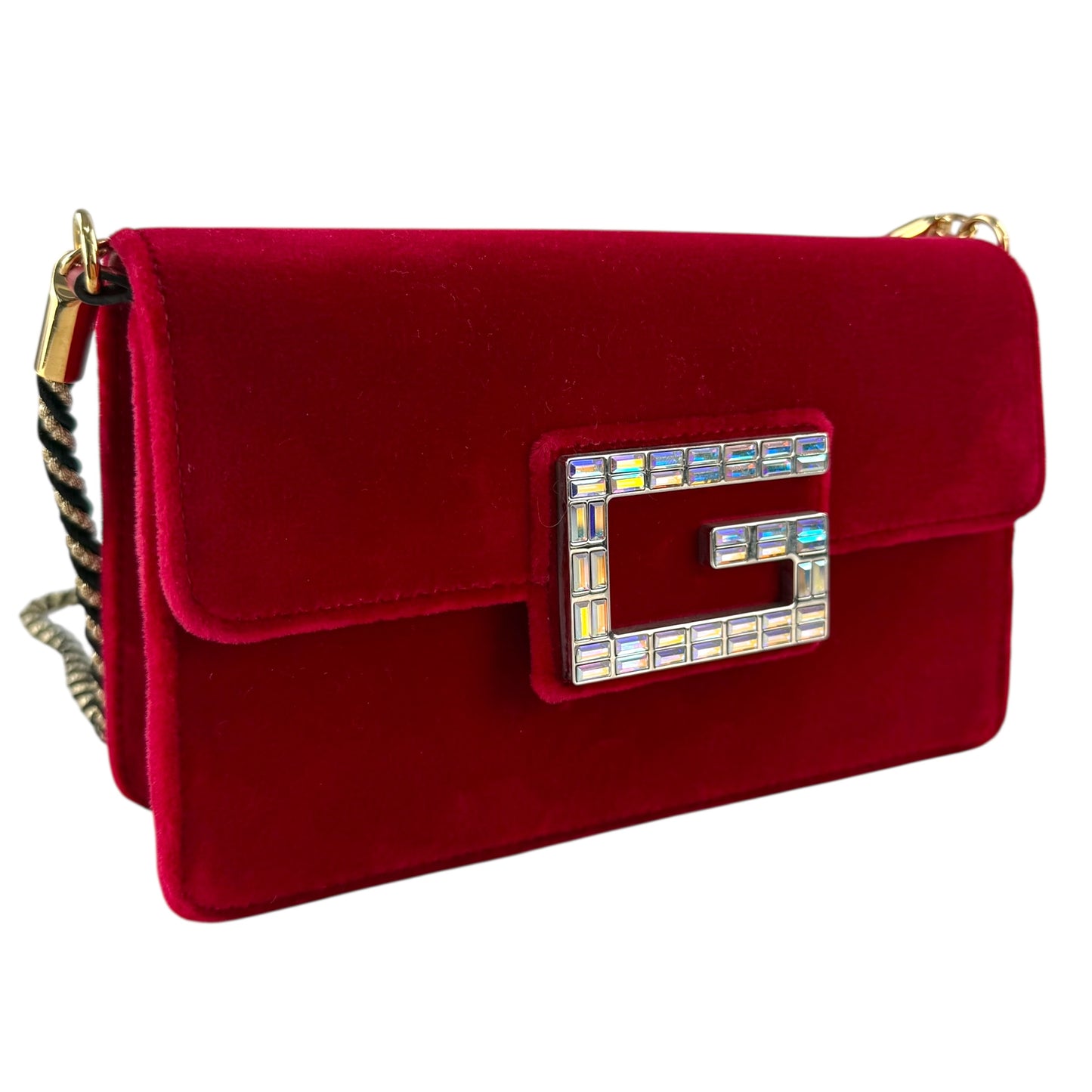 Gucci Red Velour G Rhinestone Shoulder Bag