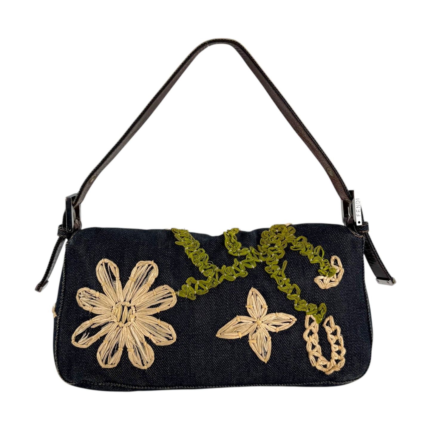 Fendi Embroidered Flowers Denim Baguette Shoulder Bag