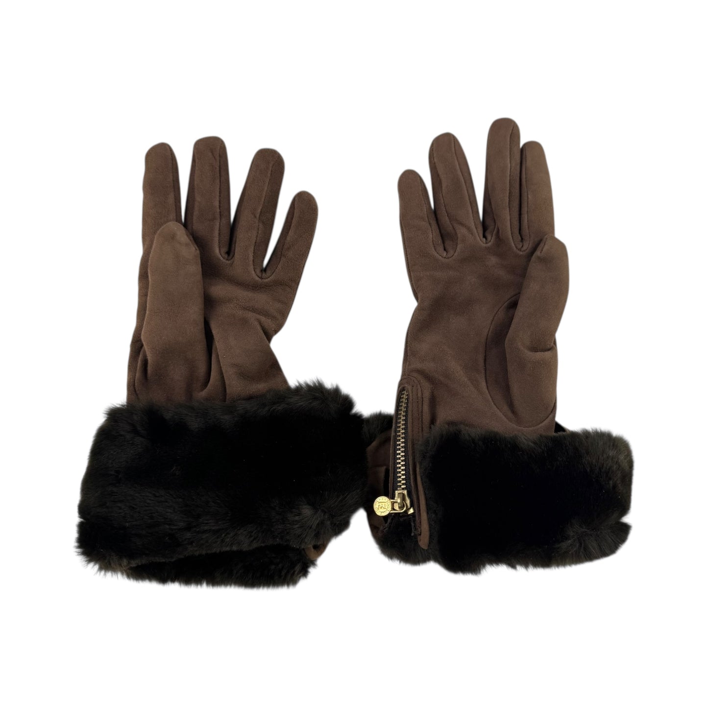 Fendi Brown Suede and Fur Gloves
