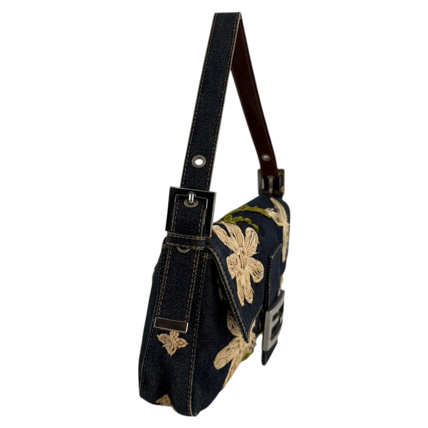 Fendi Embroidered Flowers Denim Baguette Shoulder Bag