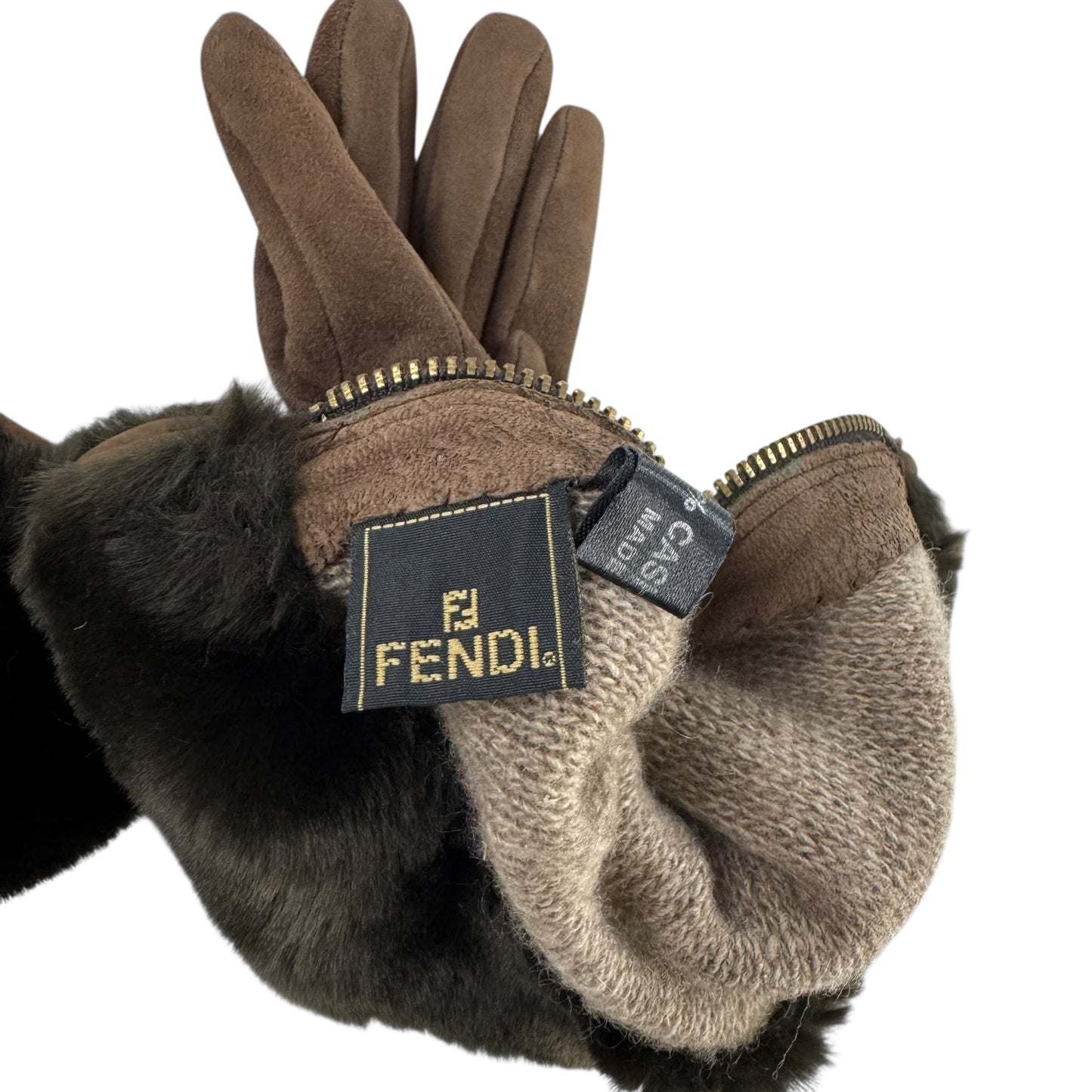 Fendi Brown Suede and Fur Gloves