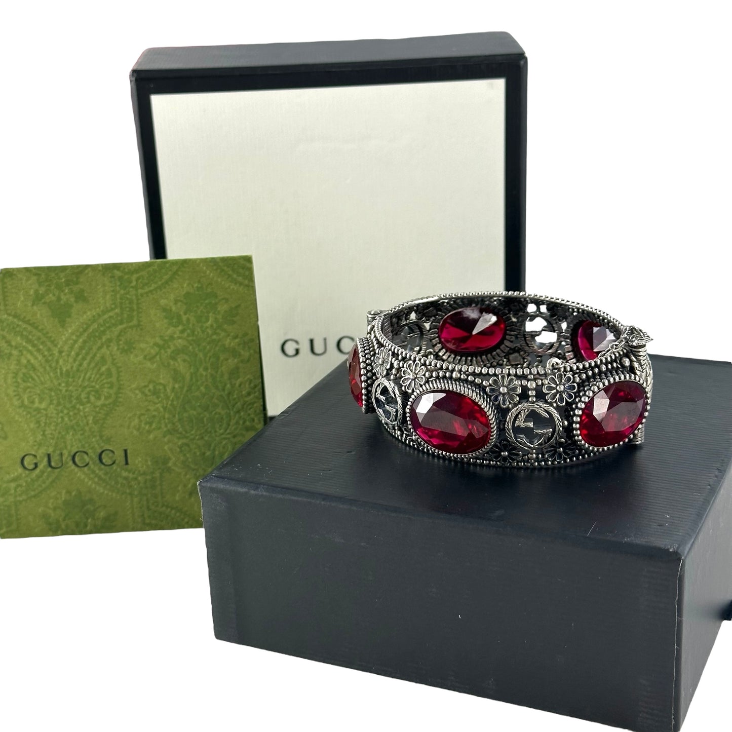 Gucci Interlocking Silver GG Cat Flower Bracelet