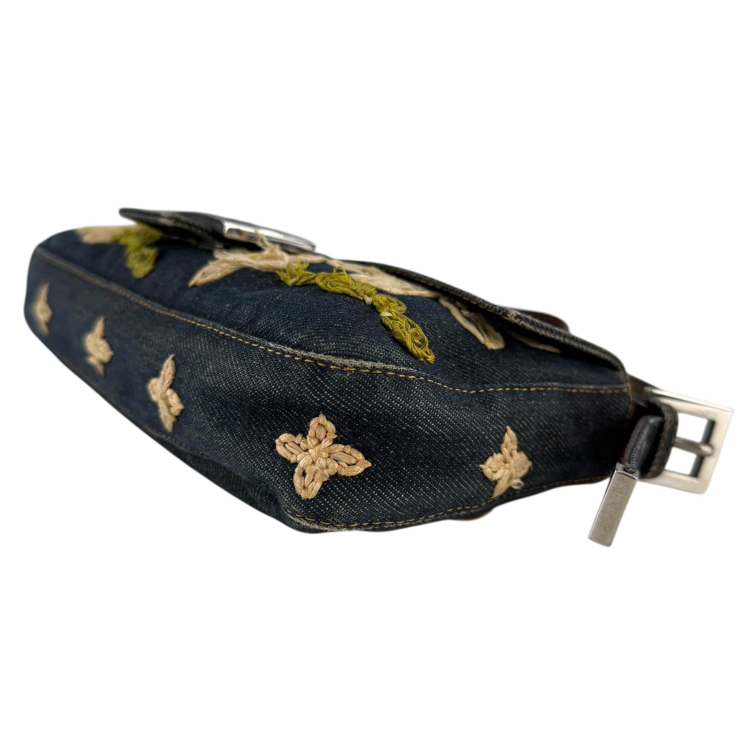 Fendi Embroidered Flowers Denim Baguette Shoulder Bag