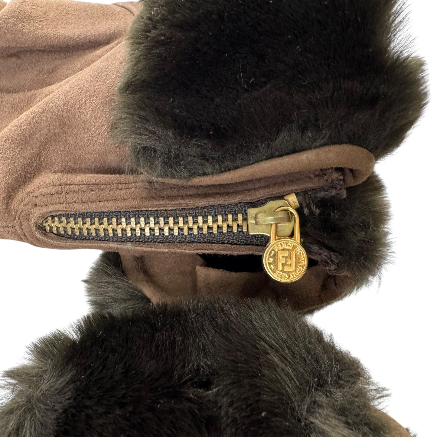 Fendi Brown Suede and Fur Gloves