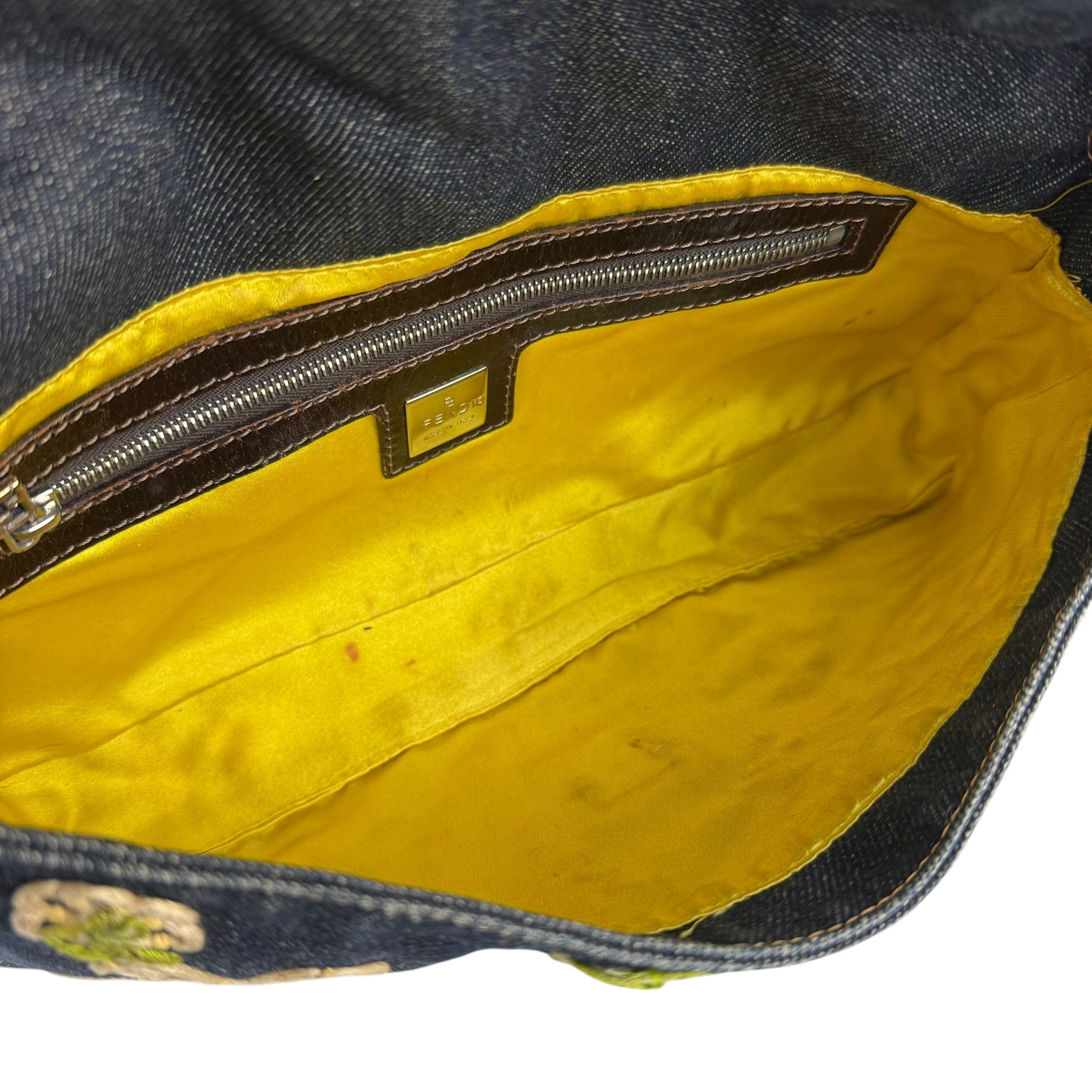 Fendi Embroidered Flowers Denim Baguette Shoulder Bag