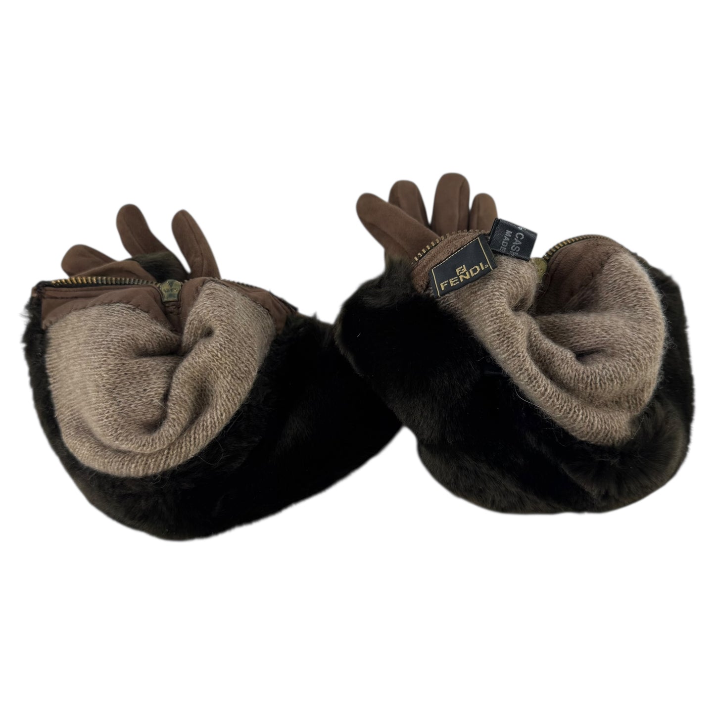 Fendi Brown Suede and Fur Gloves
