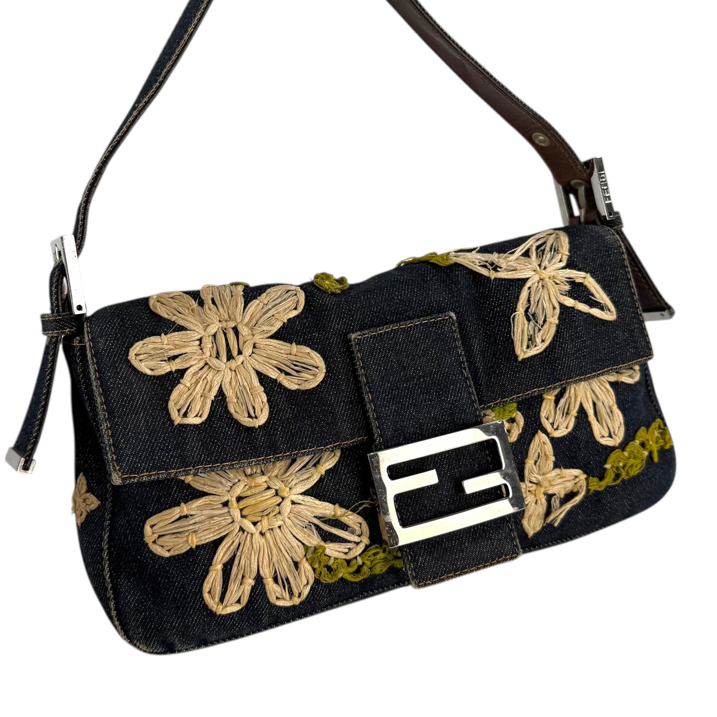 Fendi Embroidered Flowers Denim Baguette Shoulder Bag