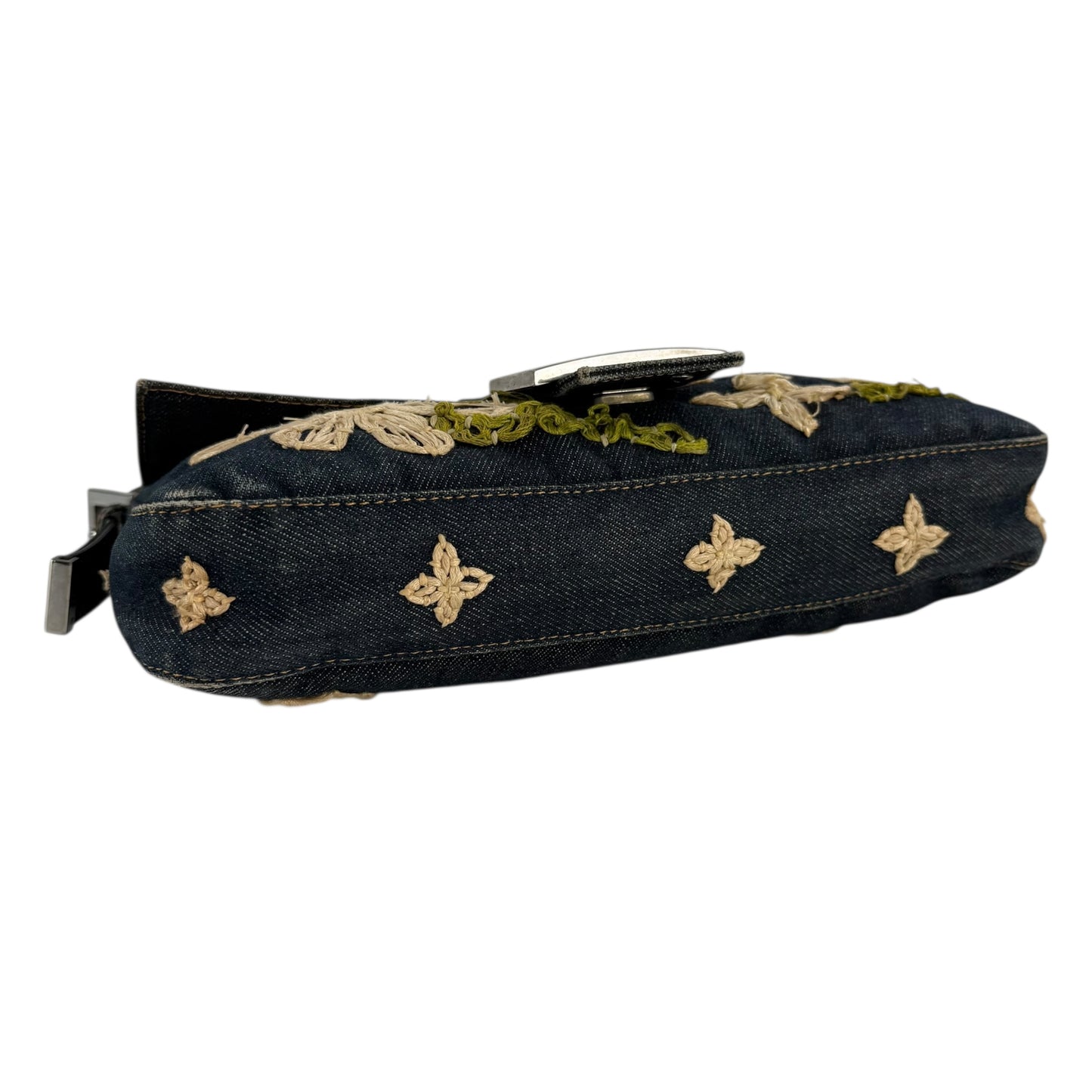 Fendi Embroidered Flowers Denim Baguette Shoulder Bag