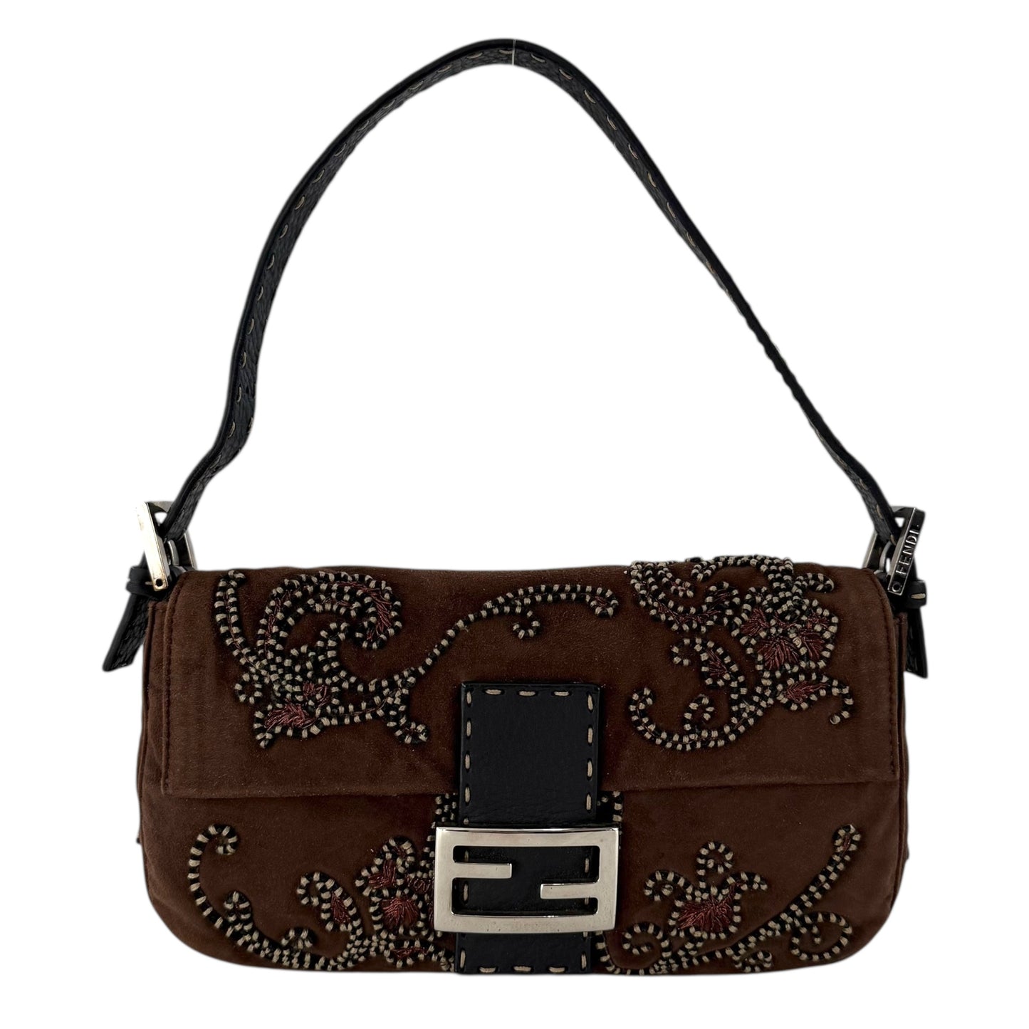 Fendi Embroidered Suede Baguette Shoulder Bag