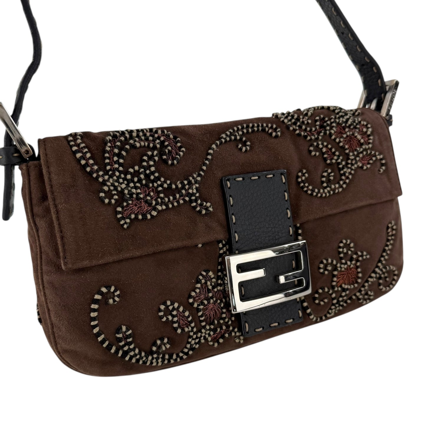 Fendi Embroidered Suede Baguette Shoulder Bag