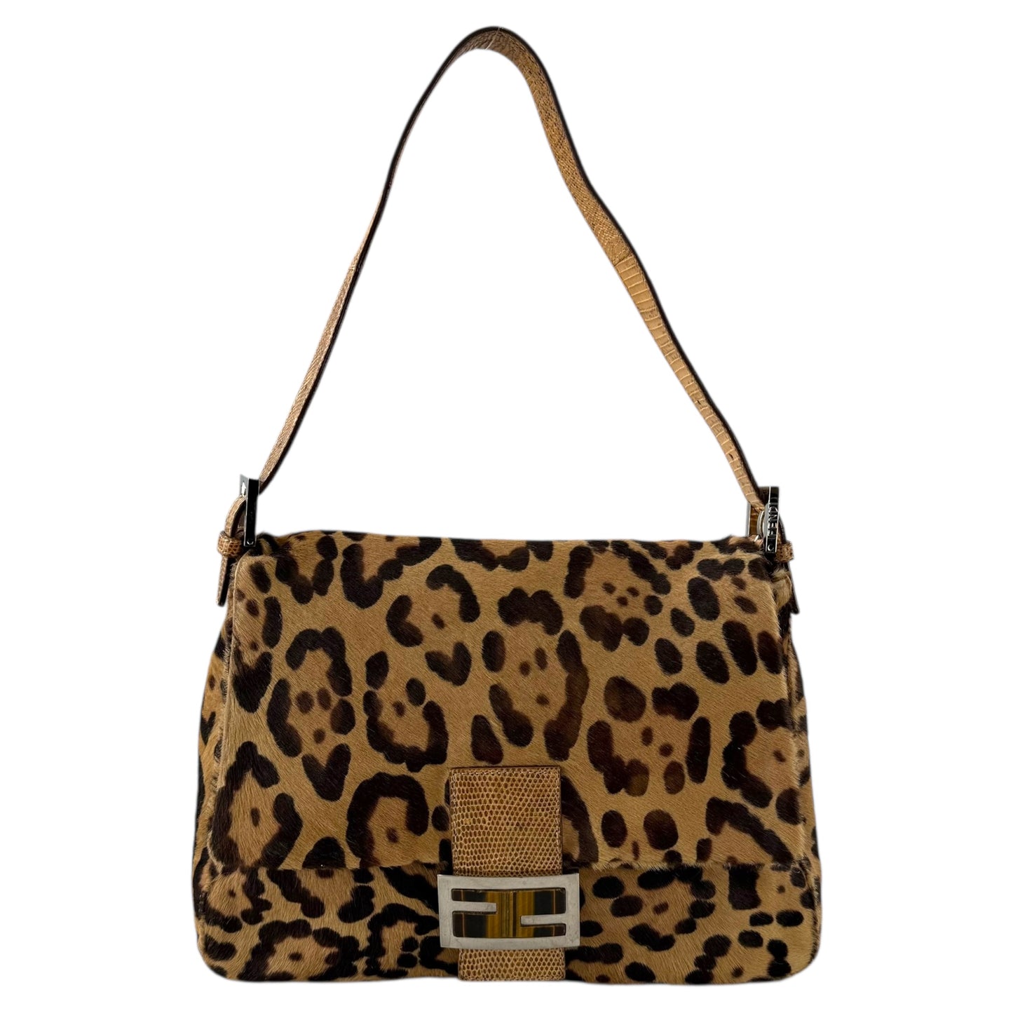 Fendi Leopard Pony Hair Mamma Baguette Lizard Shoulder Bag