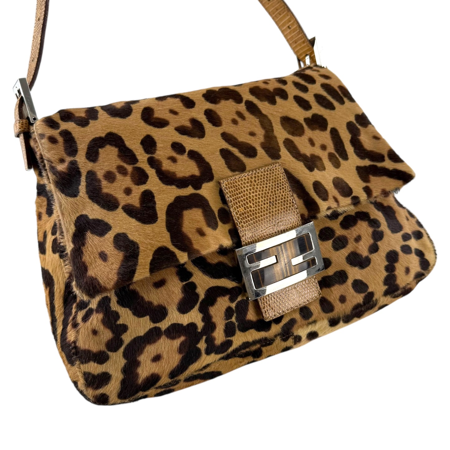 Fendi Leopard Pony Hair Mamma Baguette Lizard Shoulder Bag