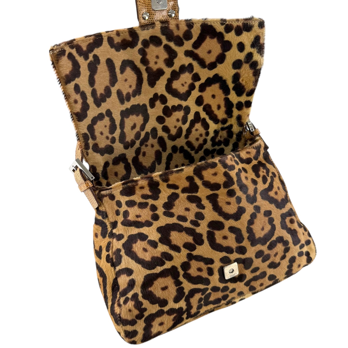 Fendi Leopard Pony Hair Mamma Baguette Lizard Shoulder Bag