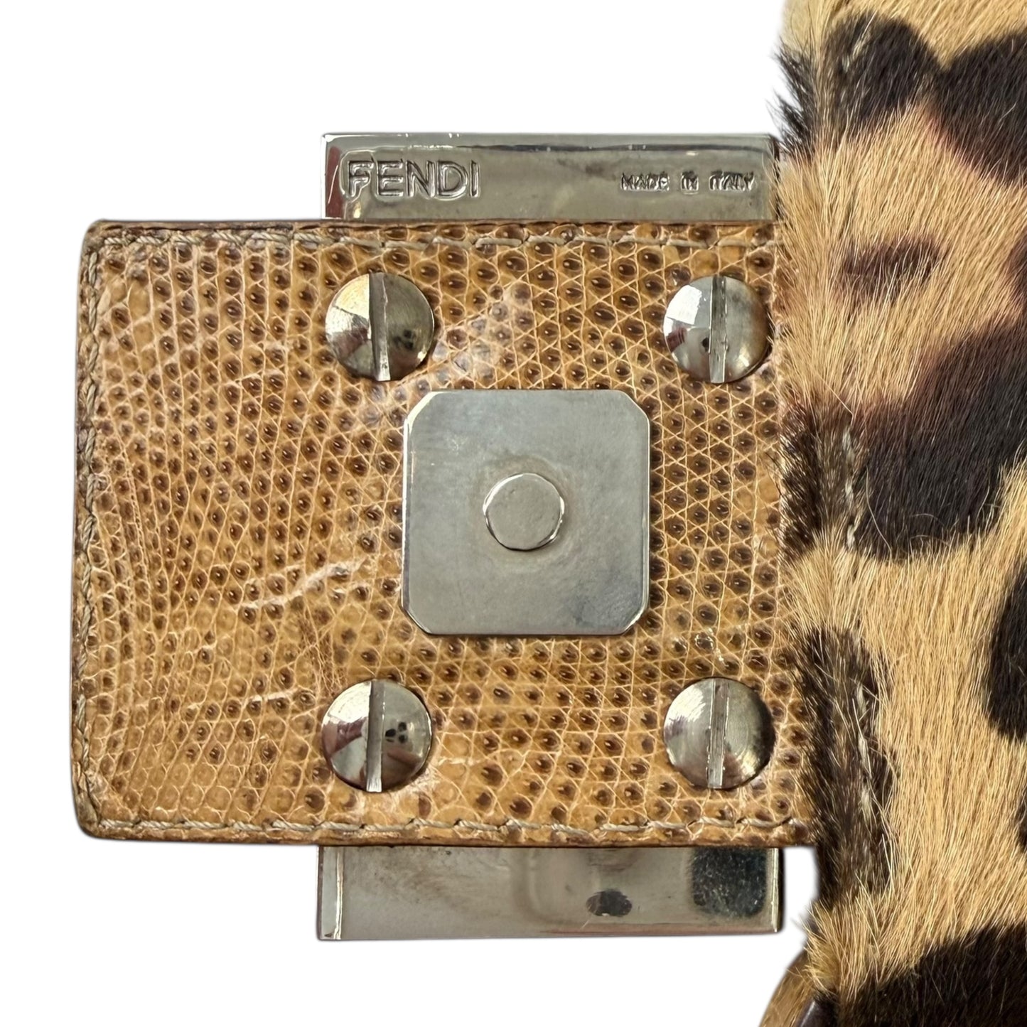 Fendi Leopard Pony Hair Mamma Baguette Lizard Shoulder Bag