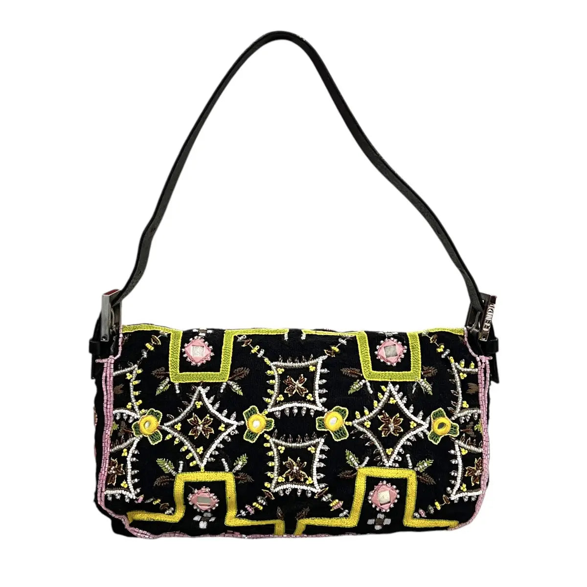 Fendi Beaded Embroidered Fringe Baguette Hand Bag