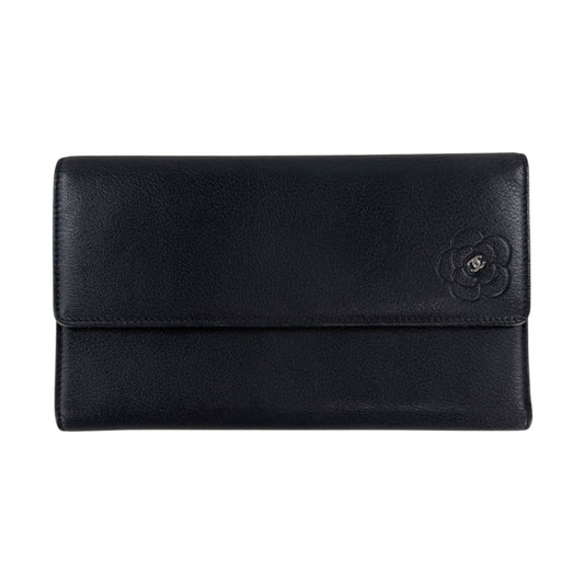 Chanel Navy Leather Camellia Flower Long Wallet