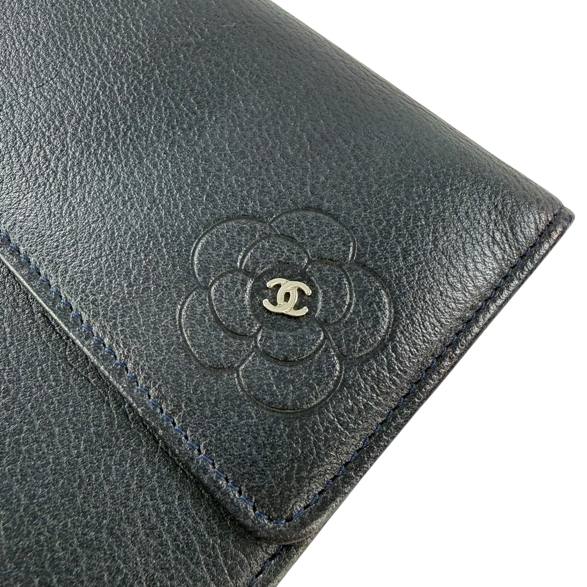 Chanel Navy Leather Camellia Flower Long Wallet