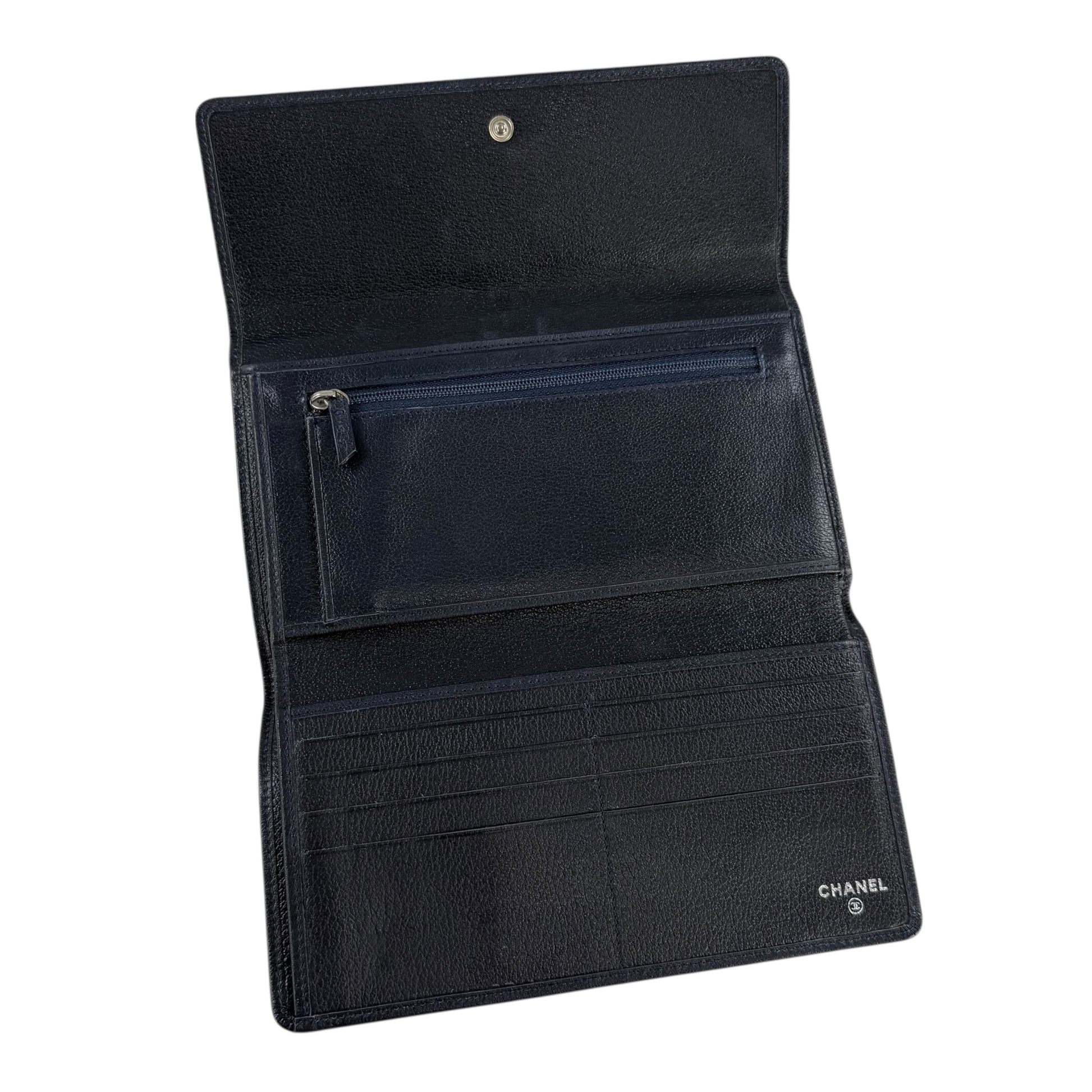 Chanel Navy Leather Camellia Flower Long Wallet