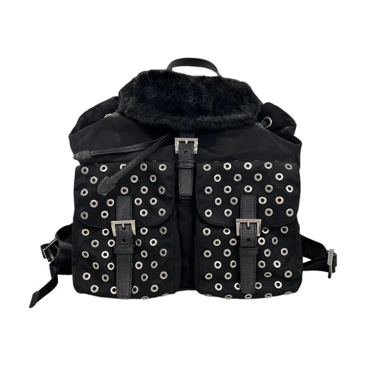 Prada Studded Tessuto Fur Backpack