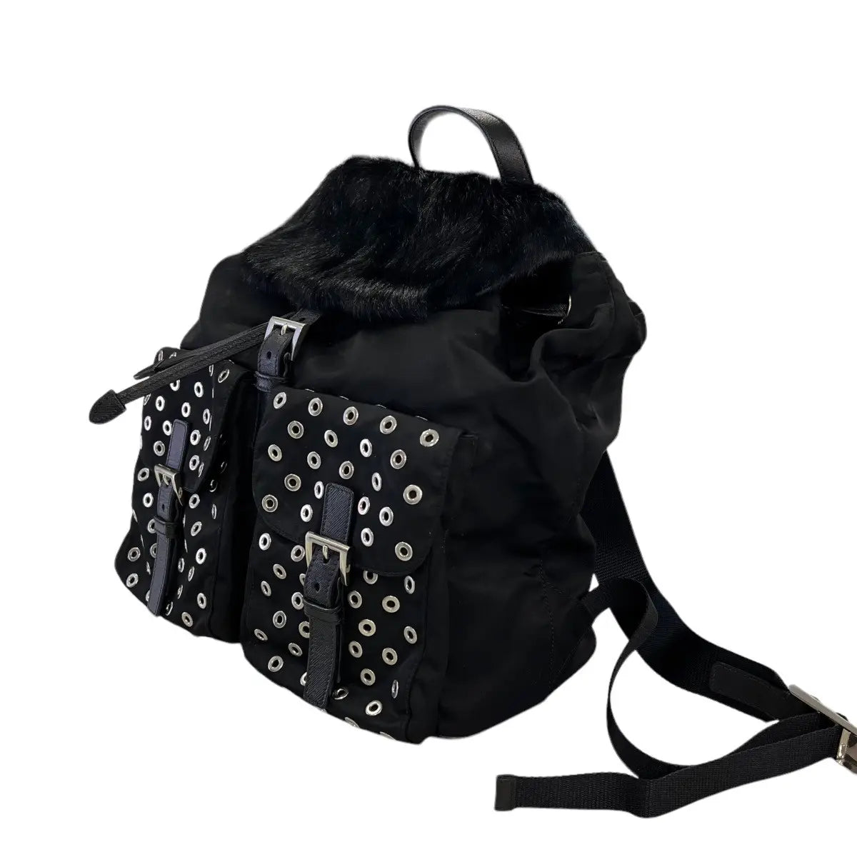 Prada Studded Tessuto Fur Backpack