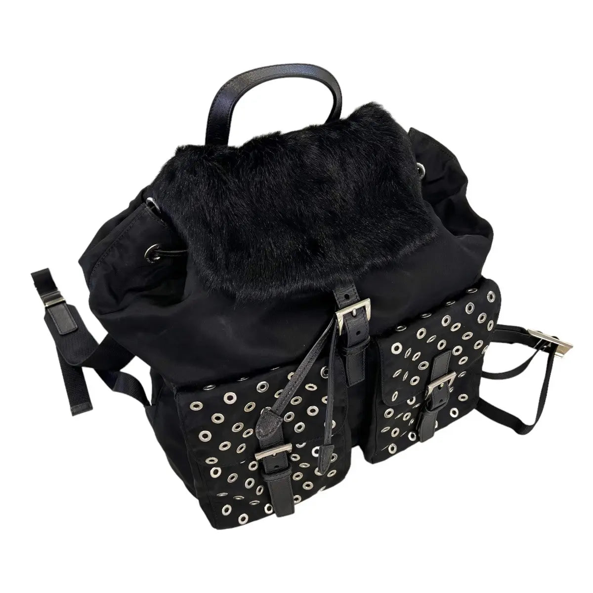 Prada Studded Tessuto Fur Backpack