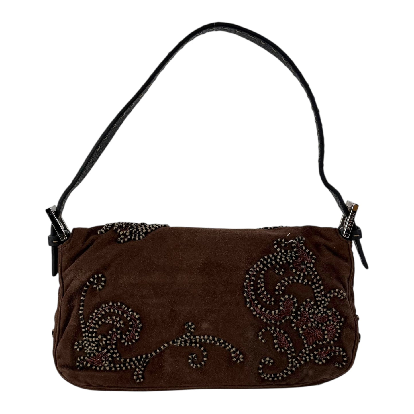 Fendi Embroidered Suede Baguette Shoulder Bag