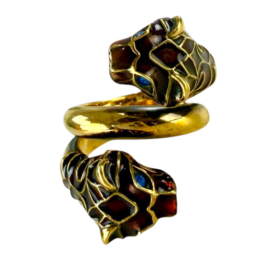 Gucci Double Tiger Head Gold Rhinestone Ring