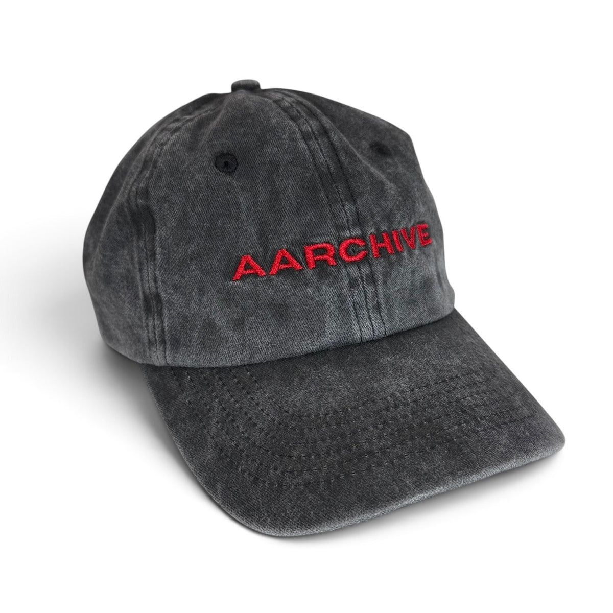 Washed charcoal AARCHIVE hat with red embroidered logo