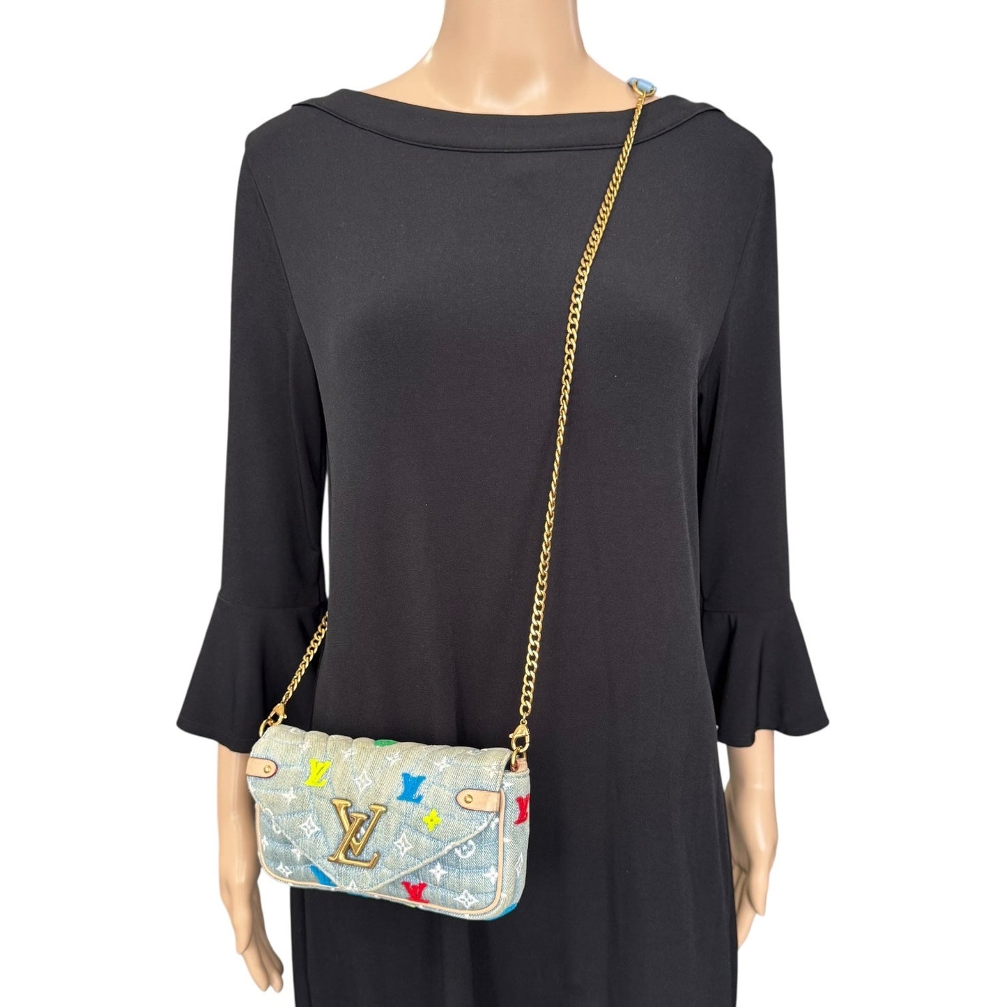 Louis Vuitton Embroidered Monogram Denim New Wave Chain Pochette