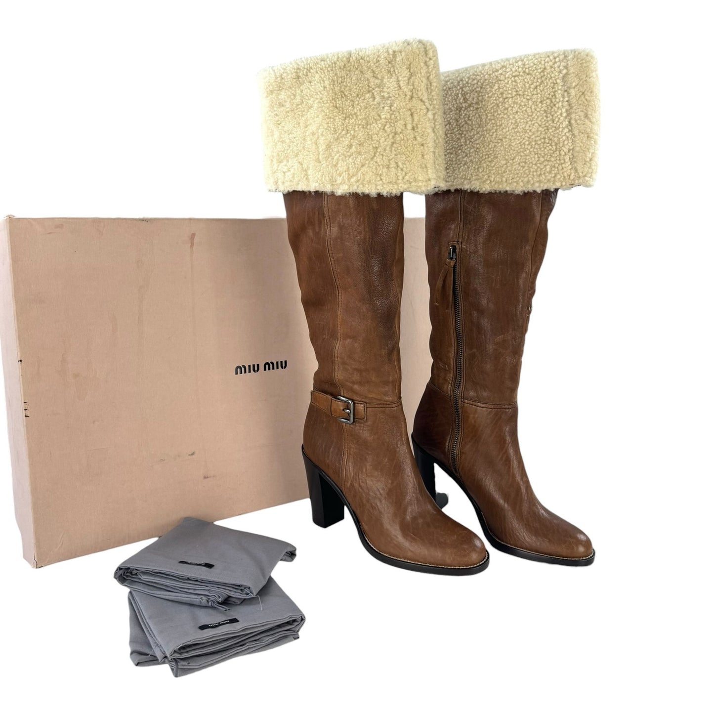 Miu Miu Leather & Shearling Knee-High Boots