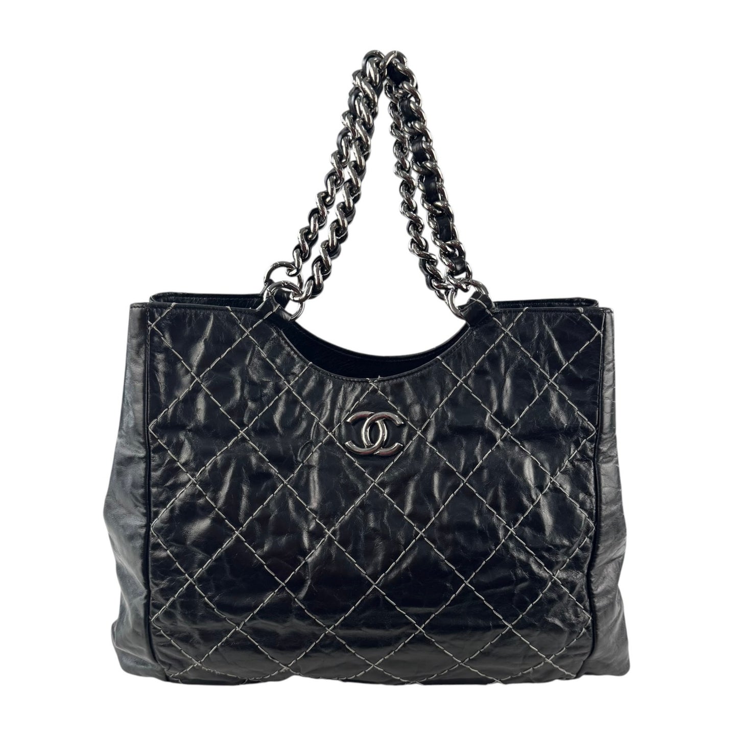 Chanel Glazed Leather Double Stitched Tote Bag